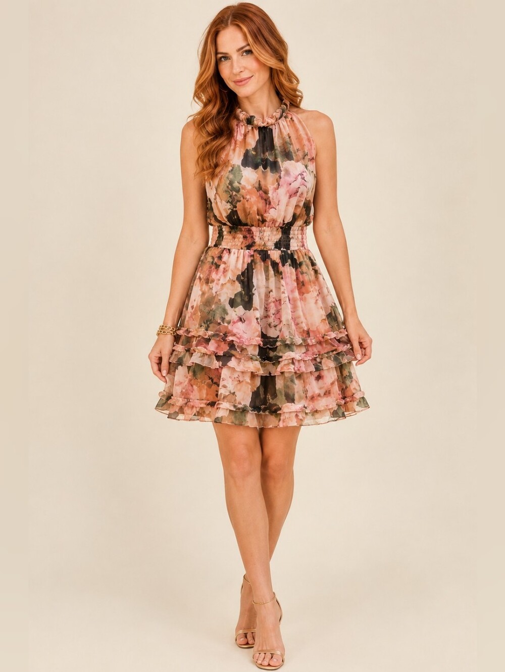 Nicole Miller Women's Medium Watercolor Floral Lurex Tiered Ruffle Mini Dress
